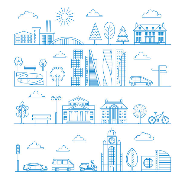 线性风格的城市矢量插图。抽象的城市设计。在白色背景上勾勒孤立的图标。建筑、树木、汽车和人。图片下载