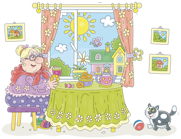 有趣的奶奶在夏日的窗前喝着热茶图片下载