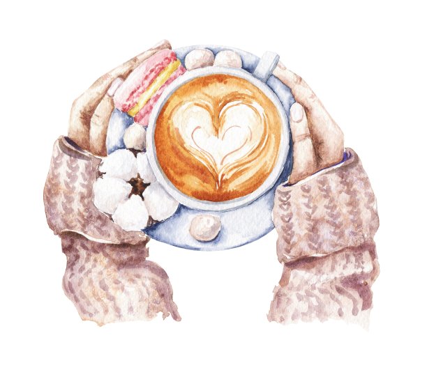 手捧咖啡，俯视图。水彩冬季插图。图片下载