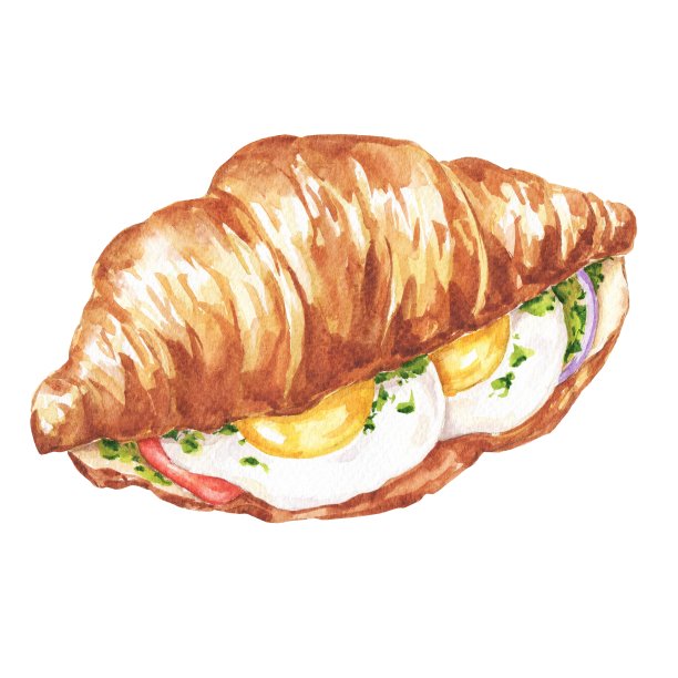 羊角面包配鸡蛋水彩画。食物的例子。图片下载