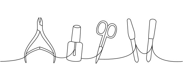 指甲和足疗工具一条线连续绘制。指甲油，指甲锉，指甲钳，角质层剪刀连续一行插图。图片下载