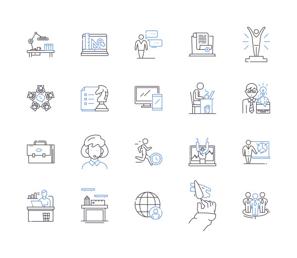 工作会议大纲图标收集。会议，工作，业务，会议，计划，讨论，任务矢量和插图概念集。讨论、团队、战略的线性标志图片下载