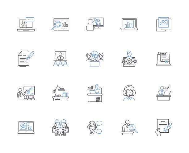 工作场所大纲图标集合。工作，办公室，建筑，办公桌，员工，团队，环境矢量和插图概念集。主管，楼层，会议线性标志图片下载