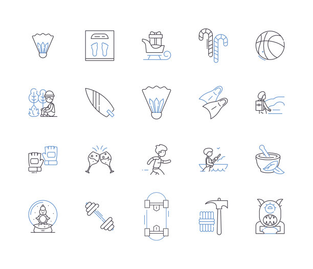 周末和运动大纲图标收集。周末，运动，娱乐，休闲，玩，游戏，体育矢量和插图概念集。活动，户外，狩猎线性标志图片下载