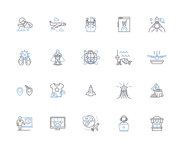 健康旅行大纲图标集合。健康，旅行，撤退，水疗，放松，健康，瑜伽矢量和插图概念集。冥想，自然，节日线性符号图片下载