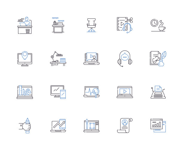 工作从家里大纲图标收集。以家庭为基础，远程办公，自由职业，远程，工作，灵活，虚拟矢量和插图概念集。就业、办公、承包商线性标志图片下载