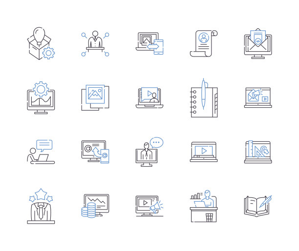 工作流程和职业大纲图标集合。职业，工作流程，工作，技能，成功，进步，路径矢量和插图概念集。梦想，挑战，成长的线性符号图片下载