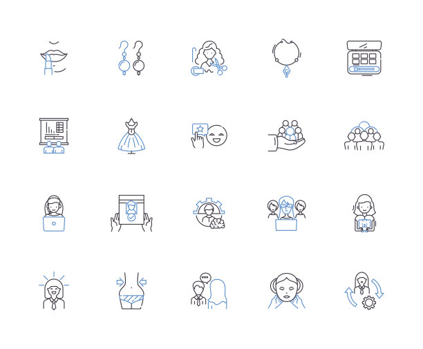 女性商务大纲图标集合。女性，企业家，大亨，高管，专业人士，经理，领导者矢量和插图概念集。所有权，创业公司，财务线性符号图片下载
