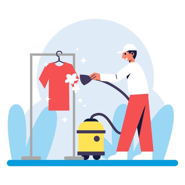 卡通人物的年轻积极男子做衣服干洗真空吸尘器图片下载