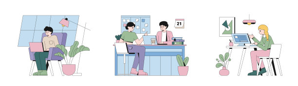 一套彩色卡通人物的年轻人一起工作图片下载