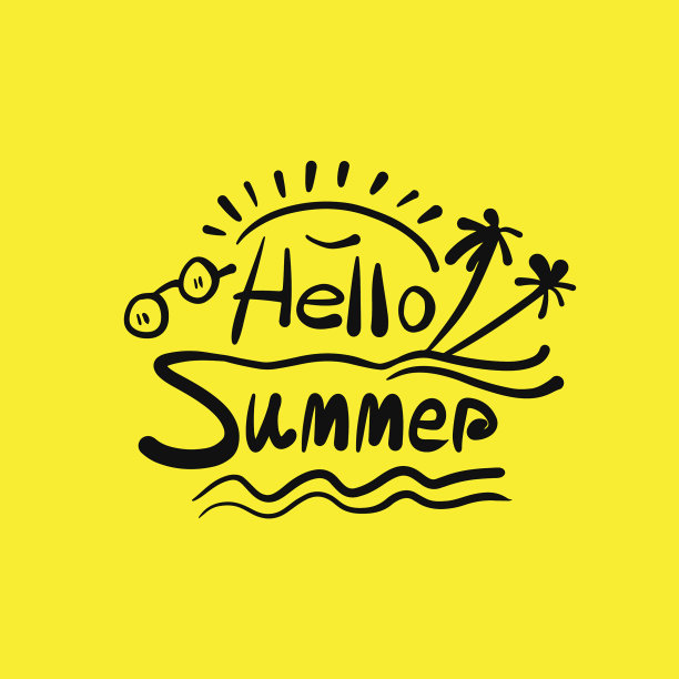 你好夏天手写字母t恤，旅行，海滩。Hello夏天矢量插图与太阳玻璃，李子树。图片下载