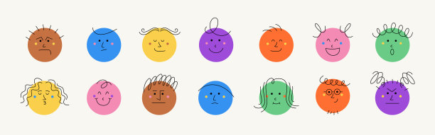 一套时髦的圆脸。有趣的卡通人物图片下载