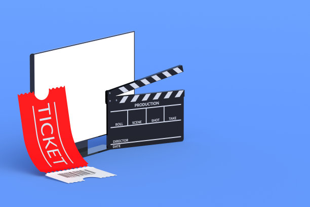 现代电视与白色隔离屏幕附近的拍板和门票。电影的概念。新电影首映。摄影行业。副本的空间。三维渲染图片下载