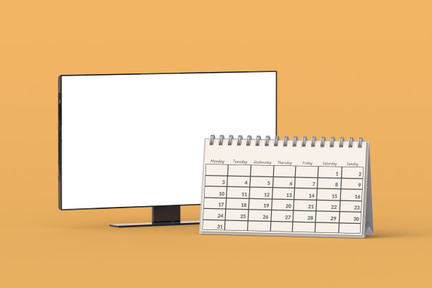 现代电视与白色隔离屏幕接近日历。系列发布日期。新电影首映。摄影行业。三维渲染图片下载