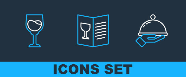 集线覆盖托盘的食物，酒杯和餐厅咖啡菜单图标。向量图片下载