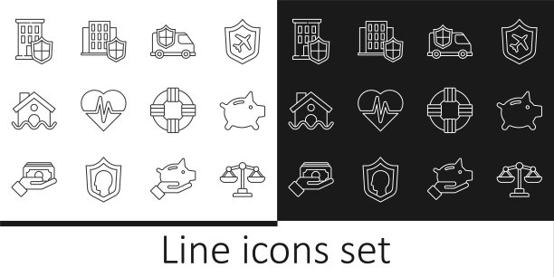 设定线秤正义，储蓄罐，车与盾，健康保险，房子洪水，救生圈和图标。向量图片下载