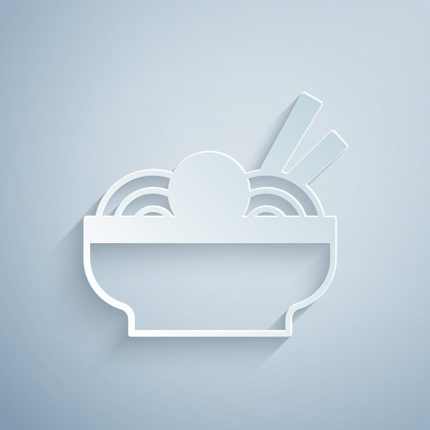 剪纸亚洲面条碗和筷子图标孤立在灰色背景。街头快餐。韩国菜、日本菜、中国菜。纸艺术风格。向量图片下载