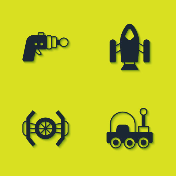 设置射线枪，火星漫游者，宇宙飞船和火箭图标。向量图片下载