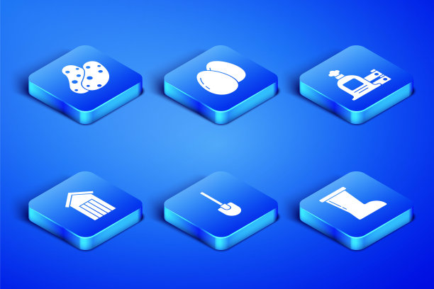 设置防水橡胶靴，土豆，铲子，木制户外厕所，鸡蛋和满袋和木箱图标。向量图片下载