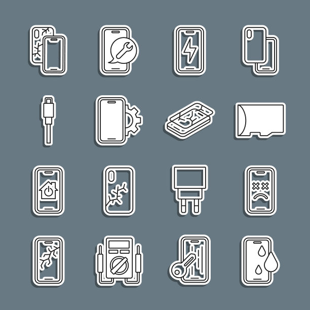 套装线防水手机，手机死机，Micro - SD存储卡，手机充电电池，手机维修服务，USB数据线，带破碎屏幕和图标。向量图片下载