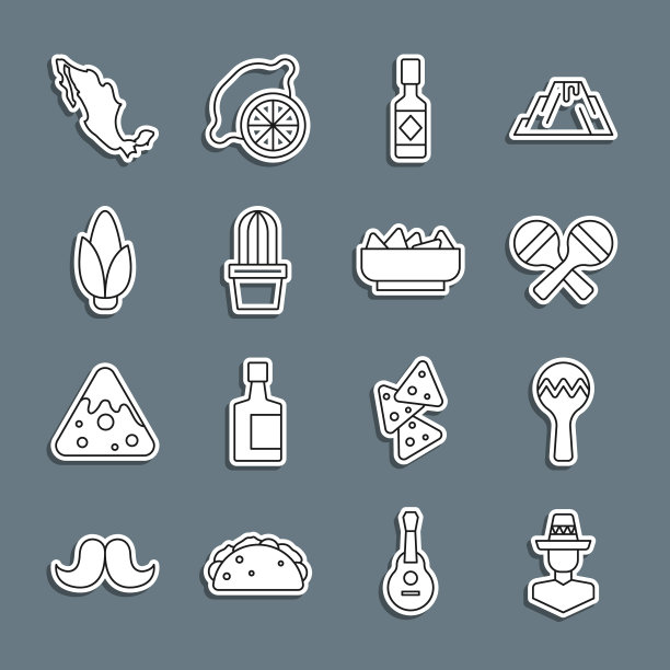 集线墨西哥男子宽边帽，沙球，塔巴斯科沙司，仙人掌或多汁在锅，玉米，墨西哥地图和玉米片碗图标。向量图片下载