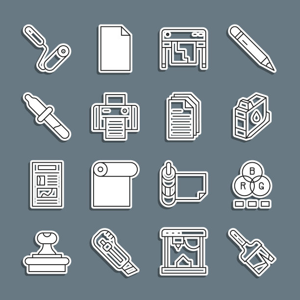 设置线条画笔，RGB调色，打印机墨盒，绘图仪，移液管，滚筒和文件文件图标。向量图片下载