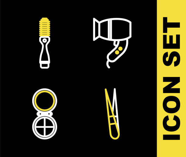 设置线吹风机，眉毛镊子，化妆粉与镜子和梳子图标。向量图片下载