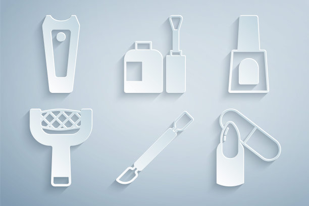 设置角质层推手，瓶甲油，指甲锉，和刀具图标。向量图片下载