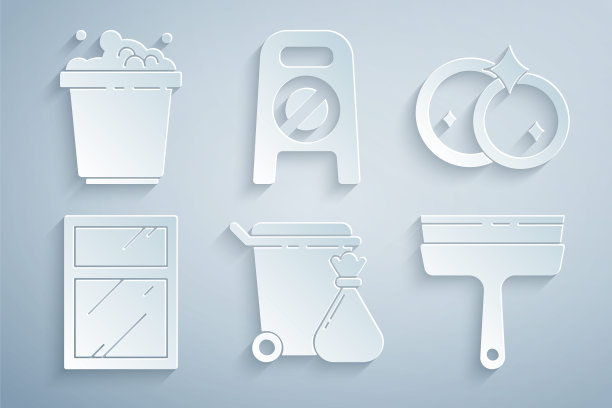 设置垃圾桶和垃圾袋，洗碗，窗户清洁服务，橡胶清洁剂，湿地板清洁进度和桶与肥皂泡沫图标。向量图片下载