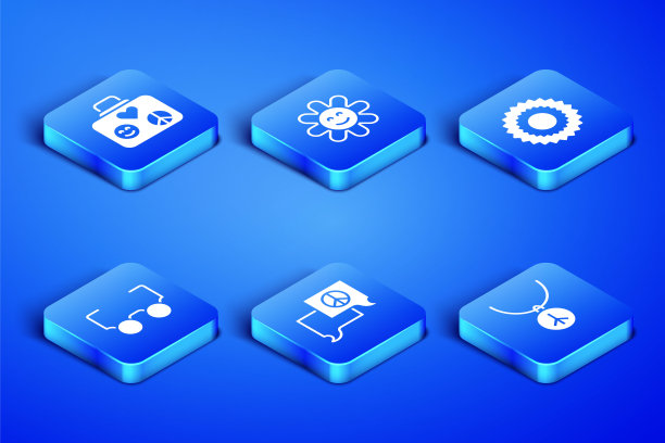 套装项链与和平符号，旅行箱，语音泡泡聊天，眼镜，花和太阳图标。向量图片下载