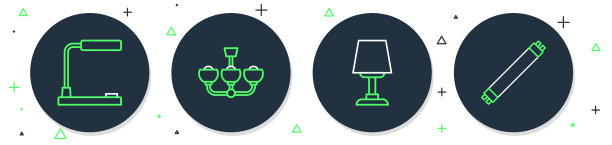 设置线吊灯，台灯和荧光图标。向量图片下载