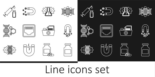 设置线药瓶，磁铁与金钱，生物工程，网口电缆插座，遗传学，医疗注射器和瓶，健康记录文件夹和图标。向量图片下载