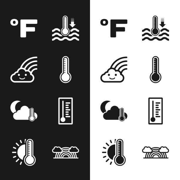 设置气象温度计，彩虹与云，华氏度，水，温度计和月亮，云和太阳图标。向量图片下载