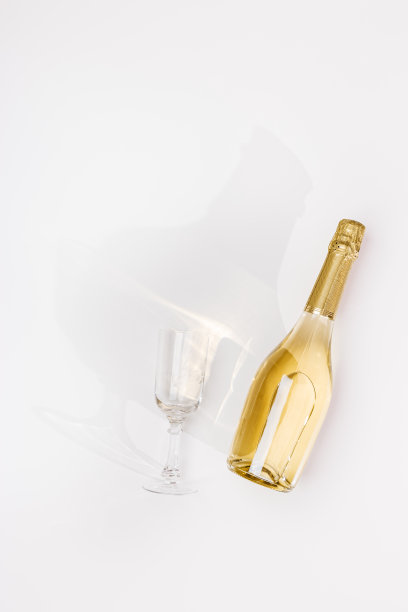 俯视图白色气泡酒瓶和玻璃杯葡萄酒与阳光阴影和耀斑在浅白色背景。极简的美学平面，金色香槟瓶。夏季酒精饮料概念图片下载