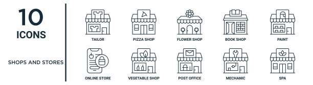 商店和商店轮廓图标集包括细线裁缝，花店，油漆，蔬菜店，机械师，水疗中心，网上商店图标的报告，演示，图表，网页设计图片下载