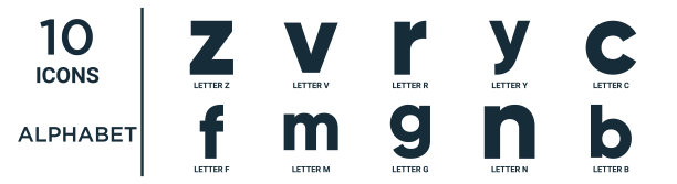 字母大纲图标集包括细线字母z，字母r，字母c, m, n, b, f图标报告，演示文稿，图表，网页设计图片下载