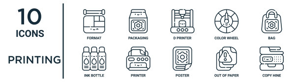 打印大纲图标集包括细线格式，d打印机，包，打印机，无纸，复制海恩，墨水瓶图标报告，演示文稿，图表，网页设计图片下载