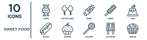 甜食轮廓图标集包括细线糖果，糖果，蛋糕，松饼，冰淇淋，松饼，泡芙饼图标报告，演示，图表，网页设计图片下载