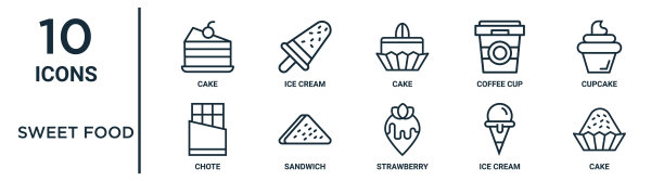 甜食轮廓图标集包括细线蛋糕，蛋糕，纸杯蛋糕，三明治，冰淇淋，蛋糕，chote图标报告，演示，图表，网页设计图片下载
