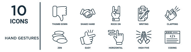 手势轮廓图标集包括细线拇指向下，岩石上，鼓掌，轻松，击掌，编码，禅宗图标报告，演示文稿，图表，网页设计图片下载