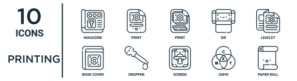 打印大纲图标集包括细线杂志，打印，传单，滴管，cmyk，纸卷，书籍封面图标报告，演示文稿，图表，网页设计图片下载