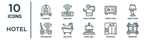 酒店轮廓图标集包括细线行李，厕纸，台灯，浴缸，电梯，双层床，wifi路由器图标报告，演示，图表，网页设计图片下载