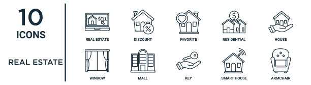 房地产大纲图标集包括细线房地产，最爱，房子，商场，智能房子，扶手椅，窗口图标的报告，演示，图表，网页设计图片下载