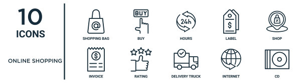 网上购物大纲图标集包括细线购物袋，时间，商店，评级，互联网，cd，发票图标的报告，演示，图表，网页设计图片下载