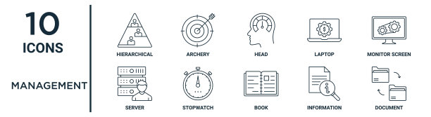 管理大纲图标集包括细线分层，头部，监控屏幕，秒表，信息，文档，服务器图标的报告，演示，图表，网页设计图片下载