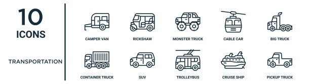运输大纲图标集包括细线露营车，怪物卡车，大卡车，suv，游轮，皮卡，集装箱图标的报告，演示，图表，网页设计图片下载