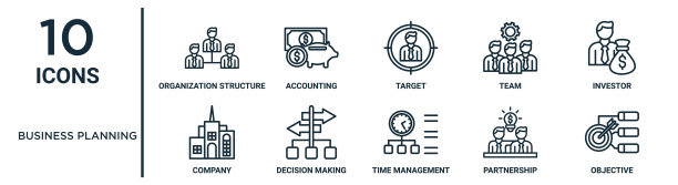 商业计划大纲图标集包括细线组织结构，目标，投资者，决策，合作伙伴，目标，公司图标报告，演示文稿，图表，网页设计图片下载