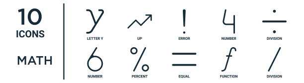数学大纲图标集包括细线字母y，错误，划分，百分比，功能，划分，数字图标报告，演示，图表，网页设计图片下载