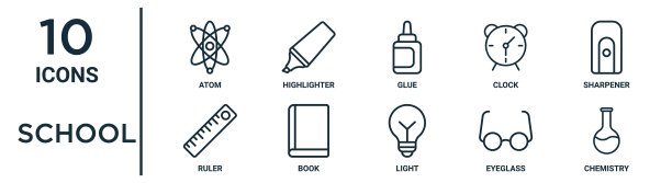 学校大纲图标集包括细线原子，胶水，卷笔刀，书，眼镜，化学，标尺图标报告，演示，图表，网页设计图片下载