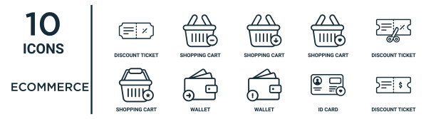 电子商务大纲图标集包括细线折扣票，购物车，折扣票，钱包，身份证，折扣票，购物车图标的报告，演示，图表，网页设计图片下载
